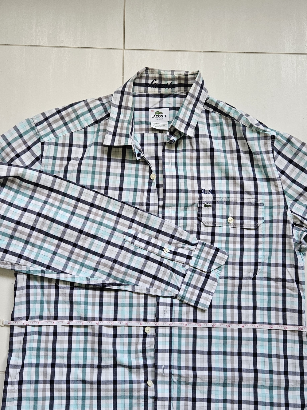 Lacoste Men's Plaid Button-Up Shirt in White, Black & Teal